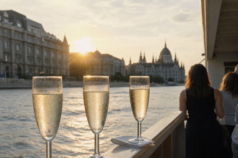 Glasses of prosecco on a boat rail with the Danube and the Budapest skyline behind
