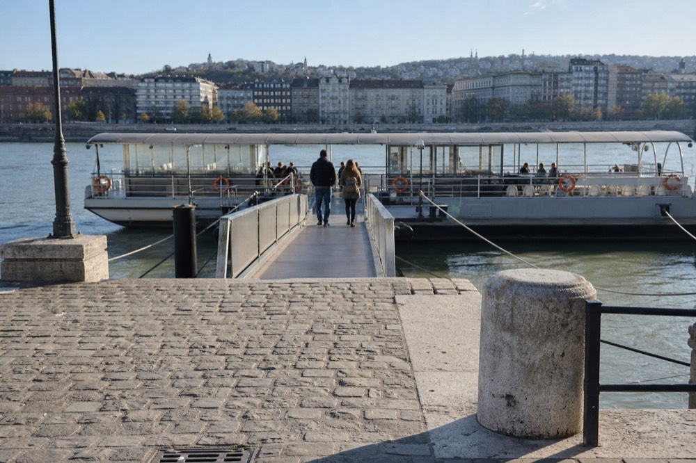 Numbered pier entrance on the Pest embankment of the Danube in Budapest, no text, no logos, no people