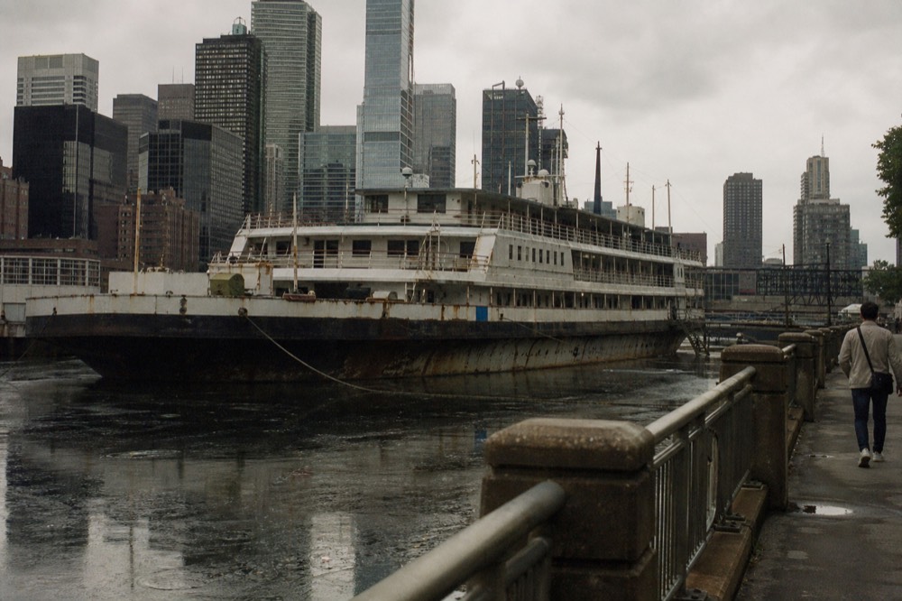 A large moored river vessel on the Danube in central Budapest, no text, no logos, no people