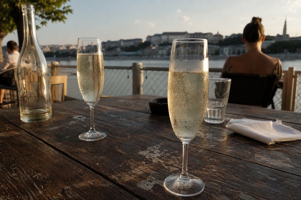 Glasses of prosecco on a cruise boat deck with the Danube waterfront behind, no text, no logos, no people