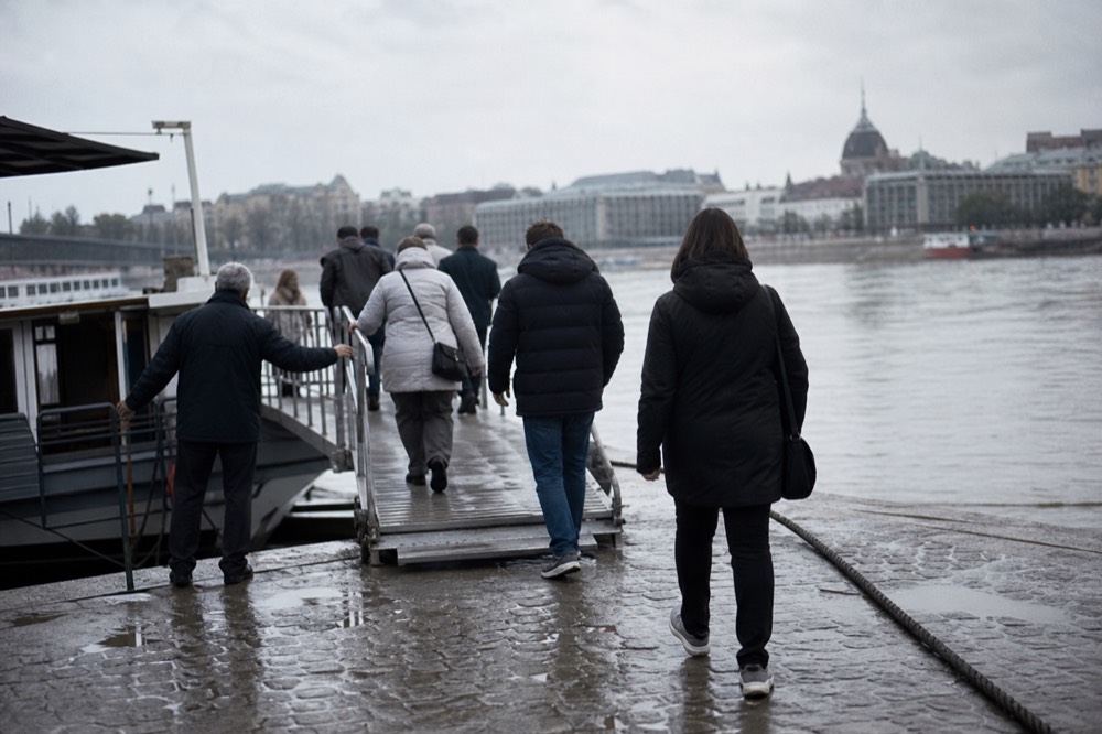 Passengers boarding a river cruise boat at a Pest embankment dock, crew member assisting, no text, no logos, no people
